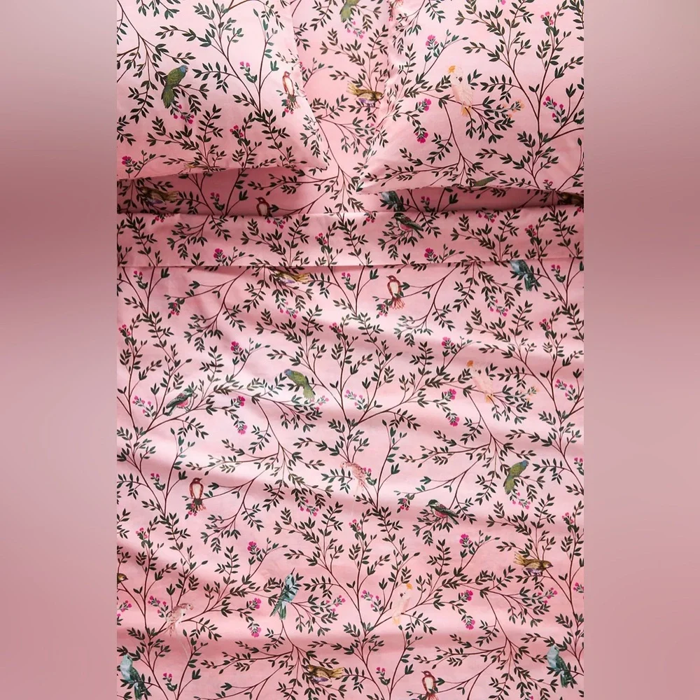 Anthropologie Pink Priyanka Organic Cotton Percale Printed Queen Flat Sheet